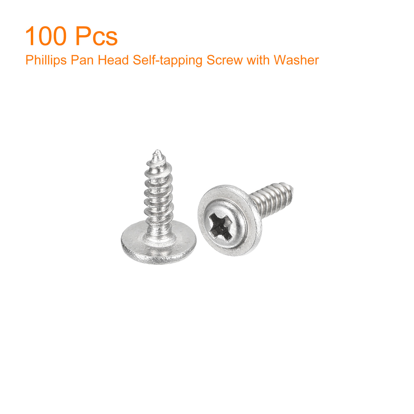 uxcell Uxcell ST2x8mm Phillips Pan Head Self-tapping Screw with Washer, 100pcs - 304 Stainless Steel Wood Screw Full Thread (Silver)