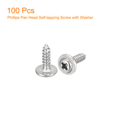 Harfington Uxcell ST2x8mm Phillips Pan Head Self-tapping Screw with Washer, 100pcs - 304 Stainless Steel Wood Screw Full Thread (Silver)