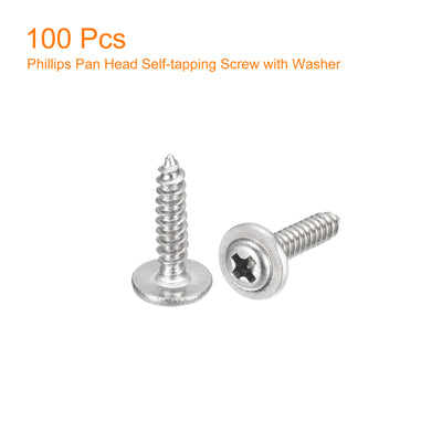 Harfington Uxcell ST2x10mm Phillips Pan Head Self-tapping Screw with Washer, 100pcs - 304 Stainless Steel Wood Screw Full Thread (Silver)