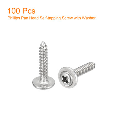 Harfington Uxcell ST2x12mm Phillips Pan Head Self-tapping Screw with Washer, 100pcs - 304 Stainless Steel Wood Screw Full Thread (Silver)