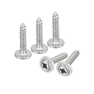 Harfington Uxcell ST2x12mm Phillips Pan Head Self-tapping Screw with Washer, 100pcs - 304 Stainless Steel Wood Screw Full Thread (Silver)