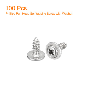 Harfington Uxcell ST2.3x6mm Phillips Pan Head Self-tapping Screw with Washer, 100pcs - 304 Stainless Steel Wood Screw Full Thread (Silver)
