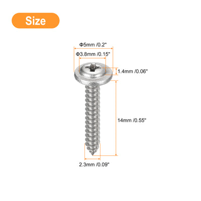 Harfington Uxcell ST2.3x14mm Phillips Pan Head Self-tapping Screw with Washer, 100pcs - 304 Stainless Steel Wood Screw Full Thread (Silver)
