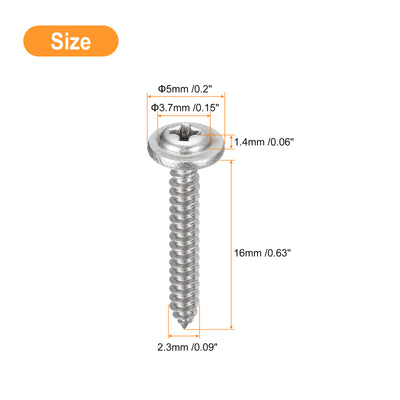 Harfington Uxcell ST2.3x16mm Phillips Pan Head Self-tapping Screw with Washer, 100pcs - 304 Stainless Steel Wood Screw Full Thread (Silver)