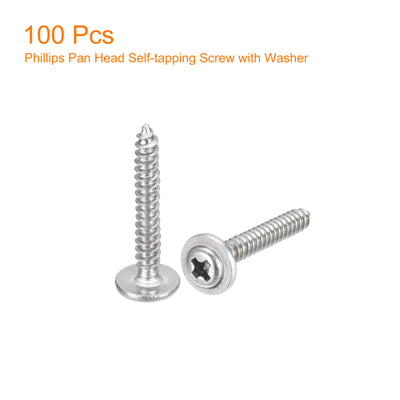 Harfington Uxcell ST2.3x16mm Phillips Pan Head Self-tapping Screw with Washer, 100pcs - 304 Stainless Steel Wood Screw Full Thread (Silver)