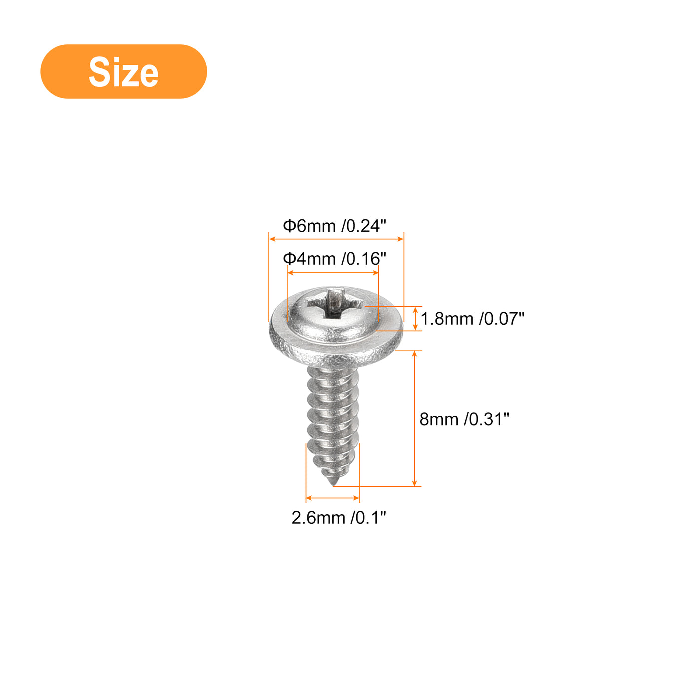 uxcell Uxcell ST2.6x8mm Phillips Pan Head Self-tapping Screw with Washer, 100pcs - 304 Stainless Steel Wood Screw Full Thread (Silver)