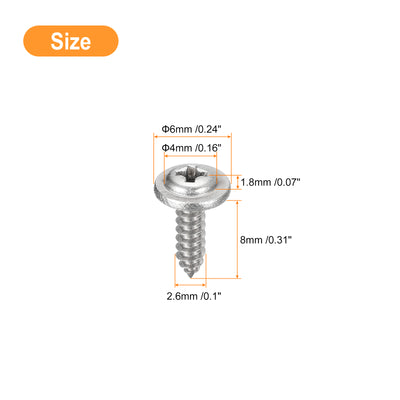 Harfington Uxcell ST2.6x8mm Phillips Pan Head Self-tapping Screw with Washer, 100pcs - 304 Stainless Steel Wood Screw Full Thread (Silver)