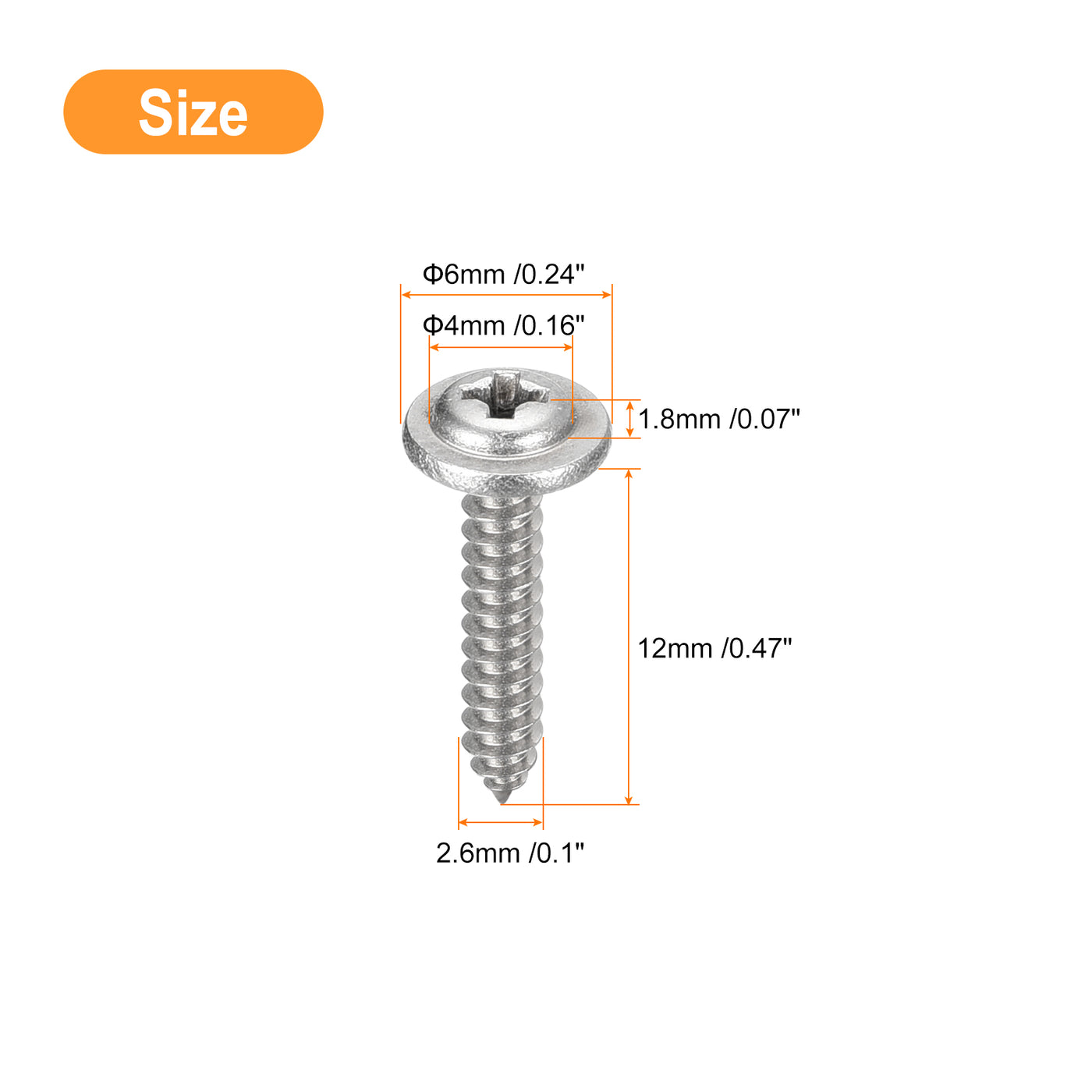 uxcell Uxcell ST2.6x12mm Phillips Pan Head Self-tapping Screw with Washer, 100pcs - 304 Stainless Steel Wood Screw Full Thread (Silver)