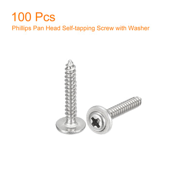 Harfington Uxcell ST2.6x14mm Phillips Pan Head Self-tapping Screw with Washer, 100pcs - 304 Stainless Steel Wood Screw Full Thread (Silver)