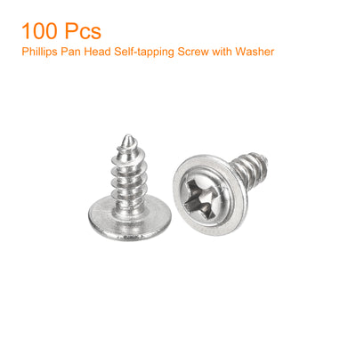 Harfington Uxcell ST3x8mm Phillips Pan Head Self-tapping Screw with Washer, 100pcs - 304 Stainless Steel Wood Screw Full Thread (Silver)