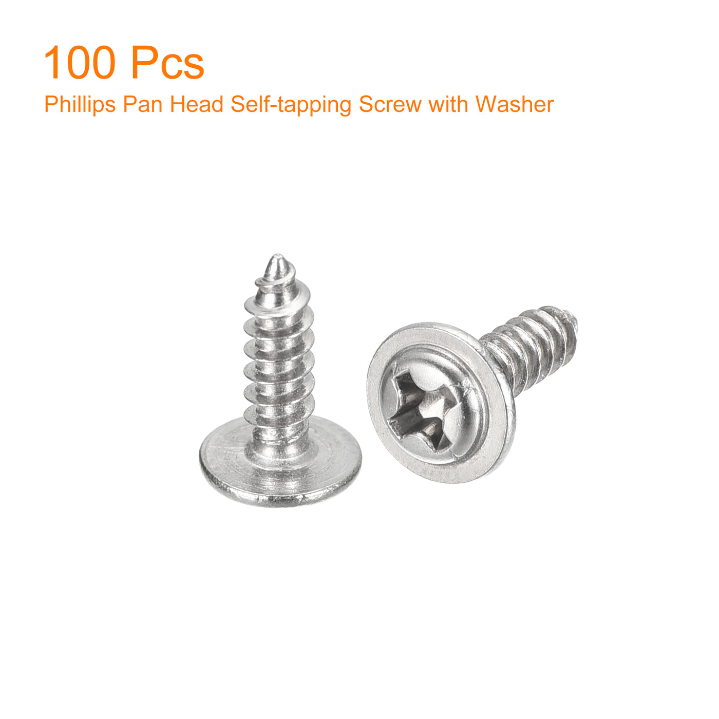 uxcell Uxcell ST3x10mm Phillips Pan Head Self-tapping Screw with Washer, 100pcs - 304 Stainless Steel Wood Screw Full Thread (Silver)
