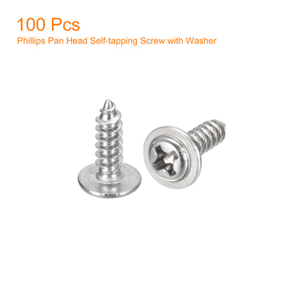 Harfington Uxcell ST3x10mm Phillips Pan Head Self-tapping Screw with Washer, 100pcs - 304 Stainless Steel Wood Screw Full Thread (Silver)