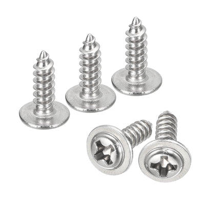 Harfington Uxcell ST3x10mm Phillips Pan Head Self-tapping Screw with Washer, 100pcs - 304 Stainless Steel Wood Screw Full Thread (Silver)