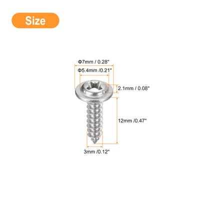 Harfington Uxcell ST3x12mm Phillips Pan Head Self-tapping Screw with Washer, 100pcs - 304 Stainless Steel Wood Screw Full Thread (Silver)
