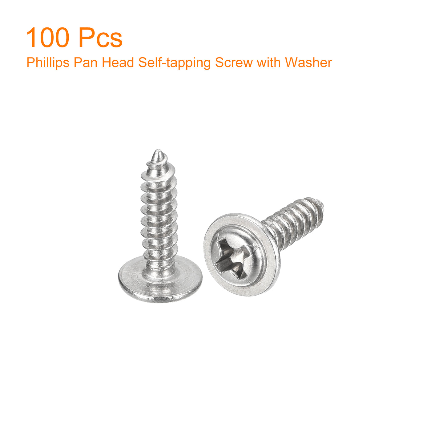 uxcell Uxcell ST3x12mm Phillips Pan Head Self-tapping Screw with Washer, 100pcs - 304 Stainless Steel Wood Screw Full Thread (Silver)
