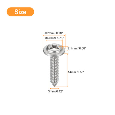 Harfington Uxcell ST3x14mm Phillips Pan Head Self-tapping Screw with Washer, 100pcs - 304 Stainless Steel Wood Screw Full Thread (Silver)