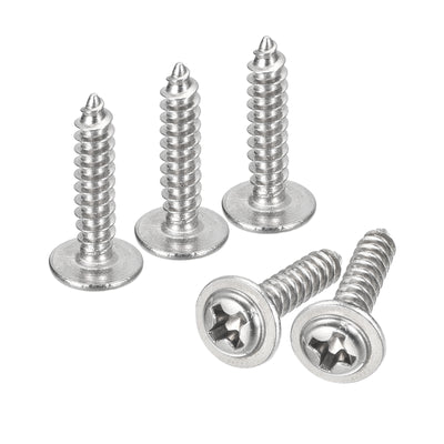 Harfington Uxcell ST3x14mm Phillips Pan Head Self-tapping Screw with Washer, 100pcs - 304 Stainless Steel Wood Screw Full Thread (Silver)