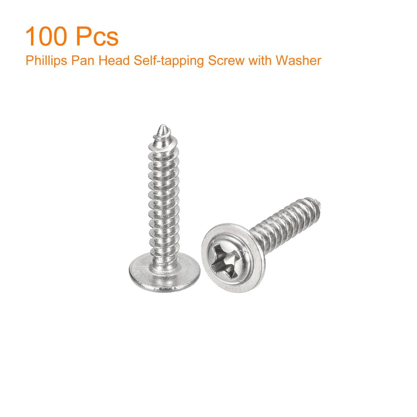 uxcell Uxcell ST3x16mm Phillips Pan Head Self-tapping Screw with Washer, 100pcs - 304 Stainless Steel Wood Screw Full Thread (Silver)