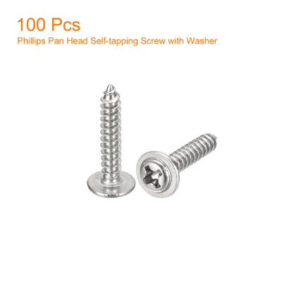 Harfington Uxcell ST3x16mm Phillips Pan Head Self-tapping Screw with Washer, 100pcs - 304 Stainless Steel Wood Screw Full Thread (Silver)