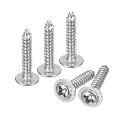 Harfington Uxcell ST3x16mm Phillips Pan Head Self-tapping Screw with Washer, 100pcs - 304 Stainless Steel Wood Screw Full Thread (Silver)