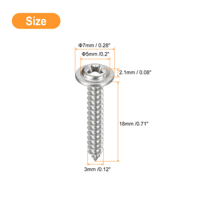 Harfington Uxcell ST3x18mm Phillips Pan Head Self-tapping Screw with Washer, 100pcs - 304 Stainless Steel Wood Screw Full Thread (Silver)