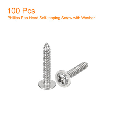 Harfington Uxcell ST3x18mm Phillips Pan Head Self-tapping Screw with Washer, 100pcs - 304 Stainless Steel Wood Screw Full Thread (Silver)