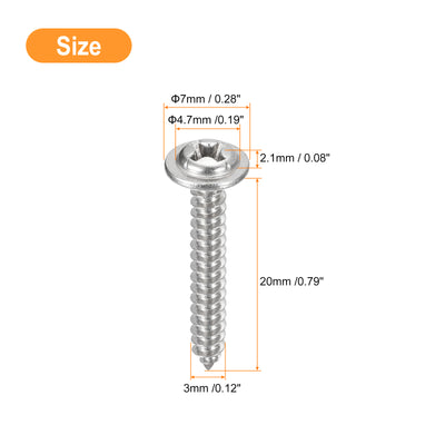 Harfington Uxcell ST3x20mm Phillips Pan Head Self-tapping Screw with Washer, 100pcs - 304 Stainless Steel Wood Screw Full Thread (Silver)