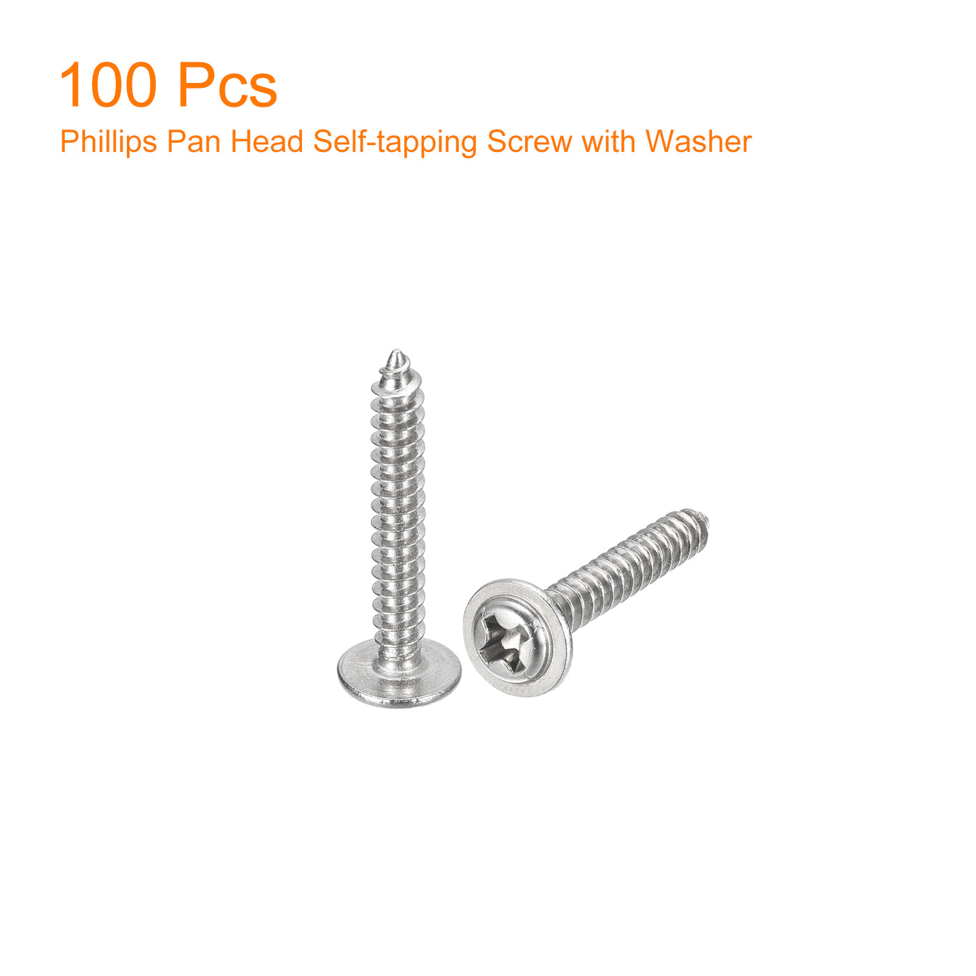 uxcell Uxcell ST3x20mm Phillips Pan Head Self-tapping Screw with Washer, 100pcs - 304 Stainless Steel Wood Screw Full Thread (Silver)