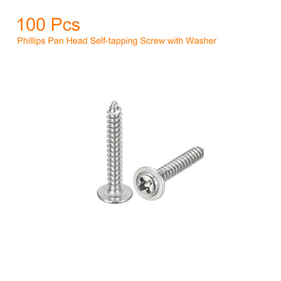 Harfington Uxcell ST3x20mm Phillips Pan Head Self-tapping Screw with Washer, 100pcs - 304 Stainless Steel Wood Screw Full Thread (Silver)