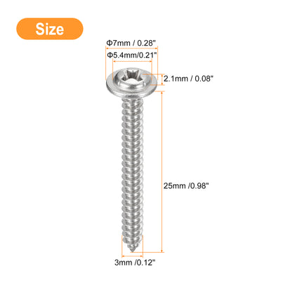 Harfington Uxcell ST3x25mm Phillips Pan Head Self-tapping Screw with Washer, 100pcs - 304 Stainless Steel Wood Screw Full Thread (Silver)