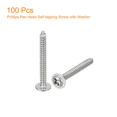Harfington Uxcell ST3x25mm Phillips Pan Head Self-tapping Screw with Washer, 100pcs - 304 Stainless Steel Wood Screw Full Thread (Silver)