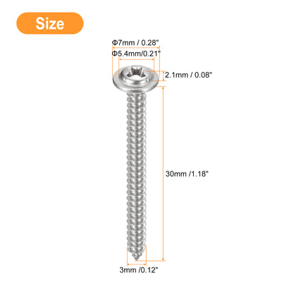 Harfington Uxcell ST3x30mm Phillips Pan Head Self-tapping Screw with Washer, 100pcs - 304 Stainless Steel Wood Screw Full Thread (Silver)