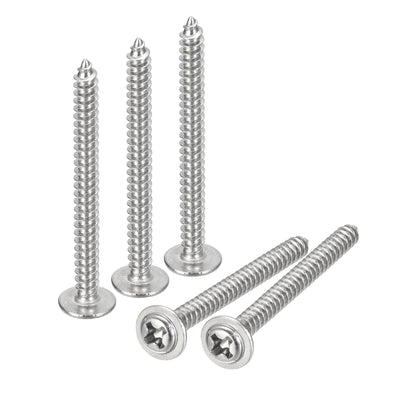 Harfington Uxcell ST3x30mm Phillips Pan Head Self-tapping Screw with Washer, 100pcs - 304 Stainless Steel Wood Screw Full Thread (Silver)