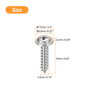 Harfington Uxcell ST3.5x16mm Phillips Pan Head Self-tapping Screw with Washer, 100pcs - 304 Stainless Steel Wood Screw Full Thread (Silver)
