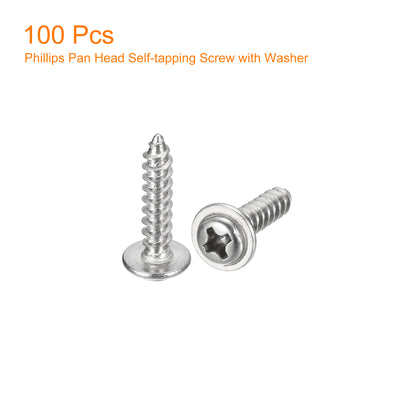 Harfington Uxcell ST3.5x16mm Phillips Pan Head Self-tapping Screw with Washer, 100pcs - 304 Stainless Steel Wood Screw Full Thread (Silver)