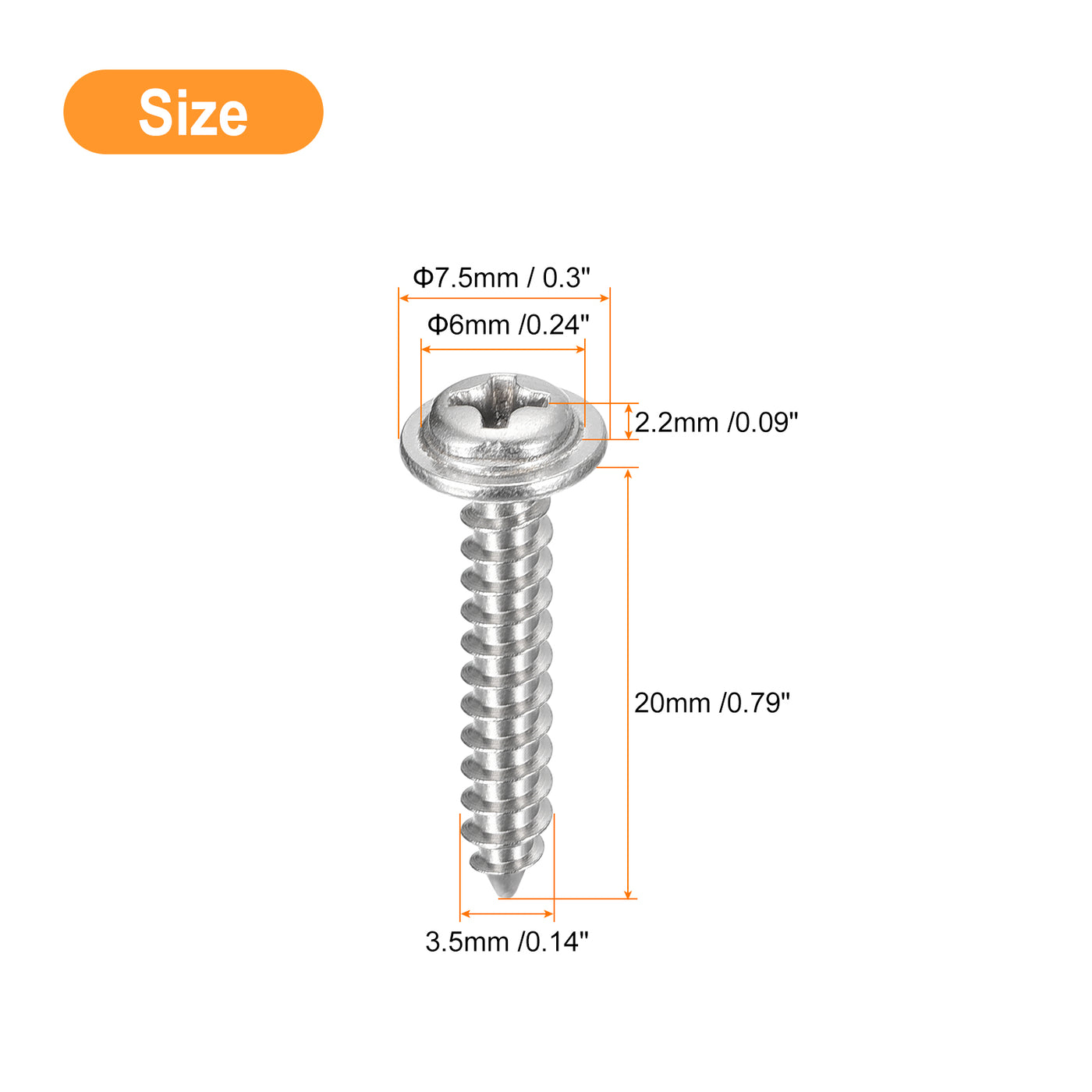uxcell Uxcell ST3.5x20mm Phillips Pan Head Self-tapping Screw with Washer, 100pcs - 304 Stainless Steel Wood Screw Full Thread (Silver)