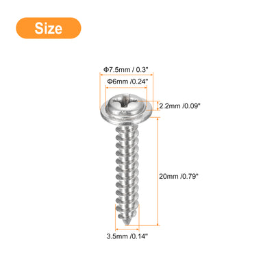 Harfington Uxcell ST3.5x20mm Phillips Pan Head Self-tapping Screw with Washer, 100pcs - 304 Stainless Steel Wood Screw Full Thread (Silver)