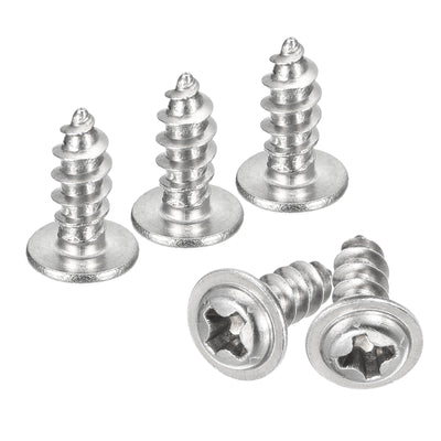 Harfington Uxcell ST4x10mm Phillips Pan Head Self-tapping Screw with Washer, 100pcs - 304 Stainless Steel Wood Screw Full Thread (Silver)