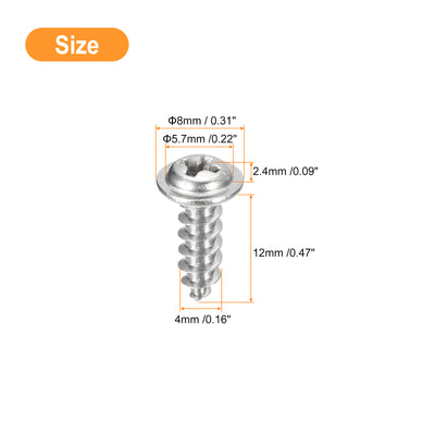 Harfington Uxcell ST4x12mm Phillips Pan Head Self-tapping Screw with Washer, 50pcs - 304 Stainless Steel Wood Screw Full Thread (Silver)