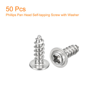 Harfington Uxcell ST4x12mm Phillips Pan Head Self-tapping Screw with Washer, 50pcs - 304 Stainless Steel Wood Screw Full Thread (Silver)