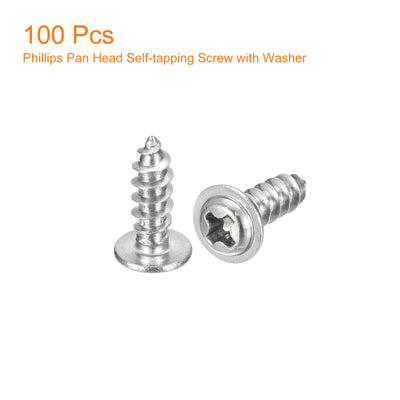 Harfington Uxcell ST4x12mm Phillips Pan Head Self-tapping Screw with Washer, 100pcs - 304 Stainless Steel Wood Screw Full Thread (Silver)