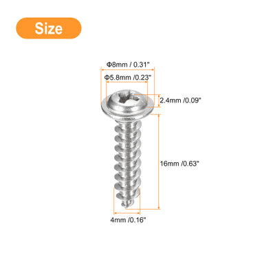 Harfington Uxcell ST4x16mm Phillips Pan Head Self-tapping Screw with Washer, 50pcs - 304 Stainless Steel Wood Screw Full Thread (Silver)