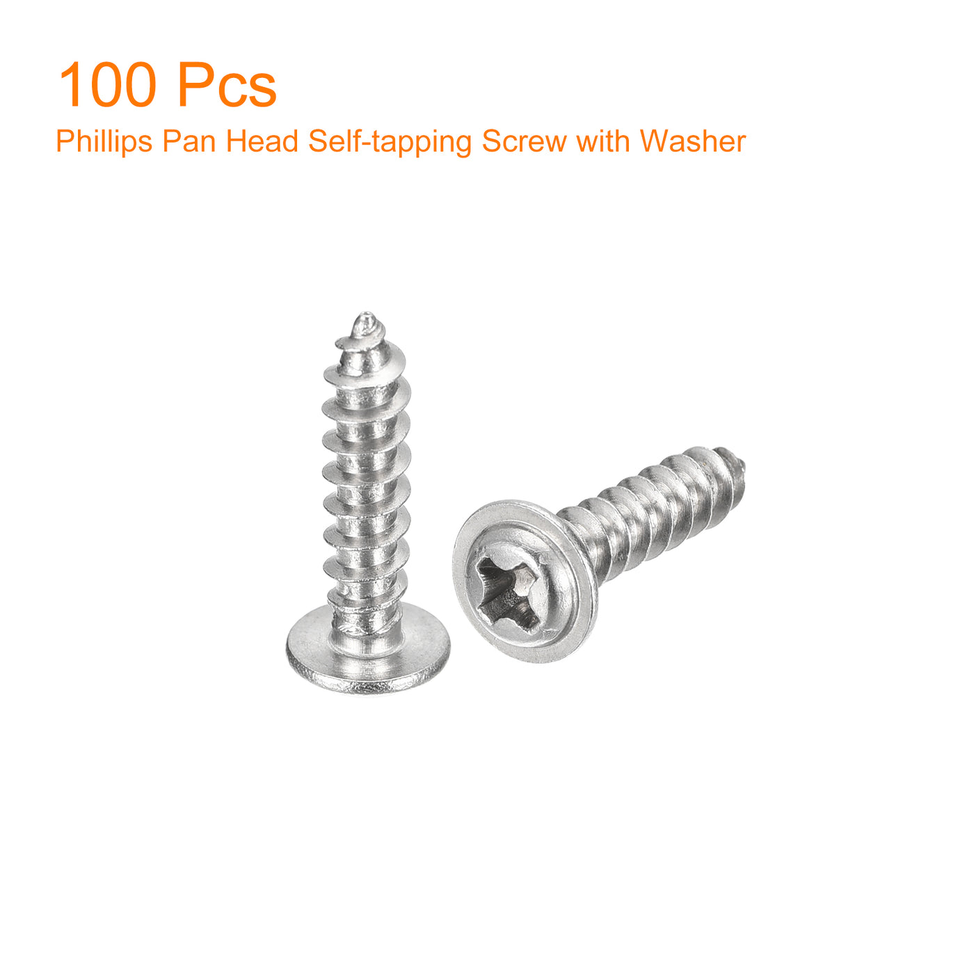 uxcell Uxcell ST4x16mm Phillips Pan Head Self-tapping Screw with Washer, 100pcs - 304 Stainless Steel Wood Screw Full Thread (Silver)