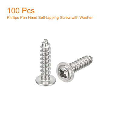 Harfington Uxcell ST4x16mm Phillips Pan Head Self-tapping Screw with Washer, 100pcs - 304 Stainless Steel Wood Screw Full Thread (Silver)