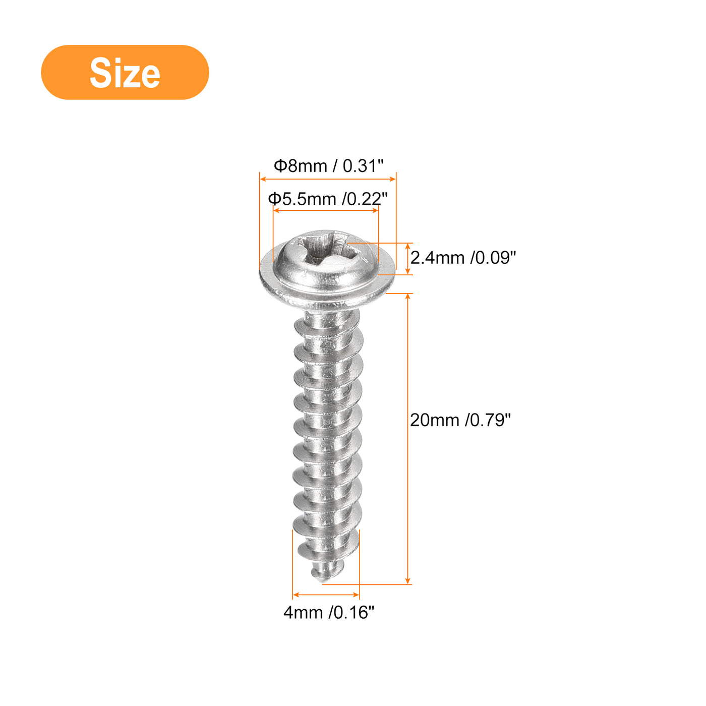 uxcell Uxcell ST4x20mm Phillips Pan Head Self-tapping Screw with Washer, 50pcs - 304 Stainless Steel Wood Screw Full Thread (Silver)