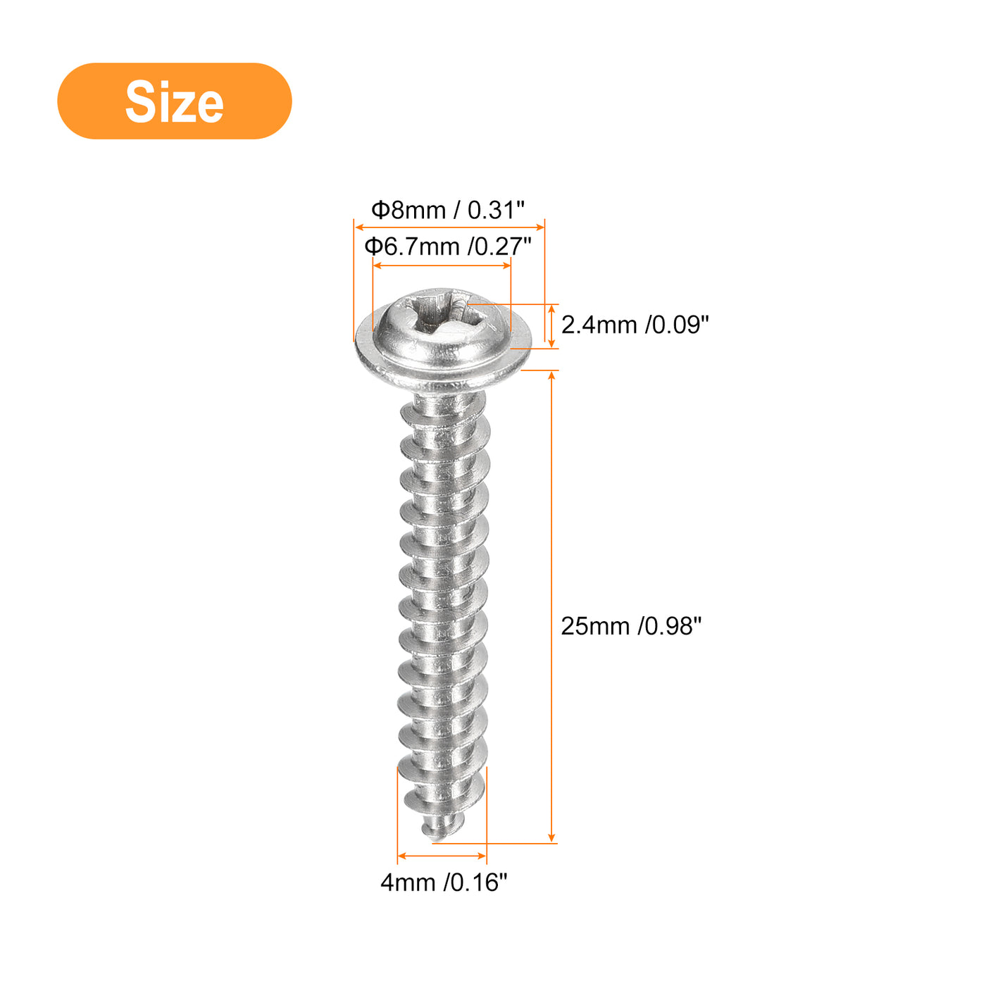 uxcell Uxcell ST4x25mm Phillips Pan Head Self-tapping Screw with Washer, 50pcs - 304 Stainless Steel Wood Screw Full Thread (Silver)