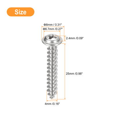 Harfington Uxcell ST4x25mm Phillips Pan Head Self-tapping Screw with Washer, 50pcs - 304 Stainless Steel Wood Screw Full Thread (Silver)