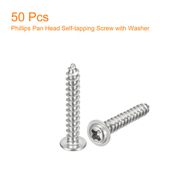 Harfington Uxcell ST4x25mm Phillips Pan Head Self-tapping Screw with Washer, 50pcs - 304 Stainless Steel Wood Screw Full Thread (Silver)