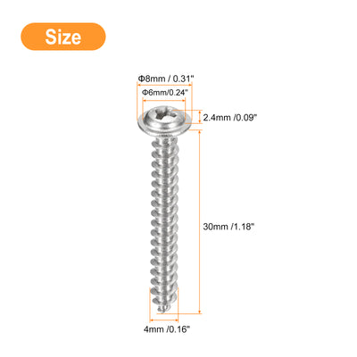 Harfington Uxcell ST4x30mm Phillips Pan Head Self-tapping Screw with Washer, 50pcs - 304 Stainless Steel Wood Screw Full Thread (Silver)