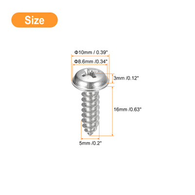 Harfington Uxcell ST5x16mm Phillips Pan Head Self-tapping Screw with Washer, 50pcs - 304 Stainless Steel Wood Screw Full Thread (Silver)